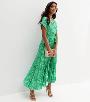 Green Animal Print Satin Pleated Midi Wrap Dress | New Look